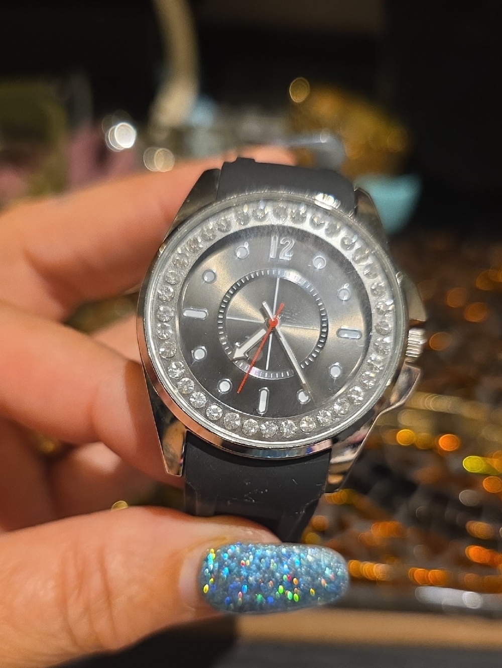 Sempre Piu Black and Silver Crystal Accent Women's Watch
